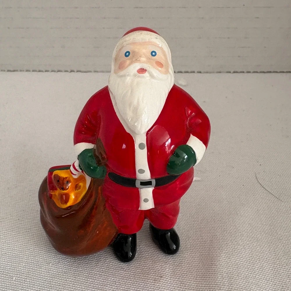 Vintage Ceramic Santa Claus Figurine with Toy Sack‎ and Teddy Bear 3.75 Inch